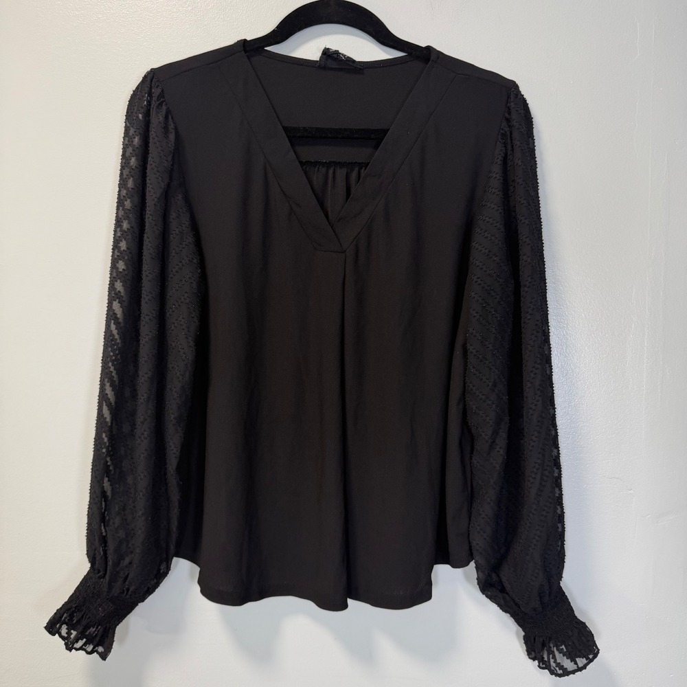 Flower & Feather Black V-Neck Blouse Sheer Swiss Dot Long Sleeve TB8408Y